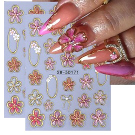 LunarCharm 2 Stück Blumen-Nagelkunst-Aufkleber, 5D-geprägte Blumen-Nagel-Aufkleber, rosa, fünfblättriges, goldenes Blumenkreis-Nagelkunst-Design, Fliege-Blumen