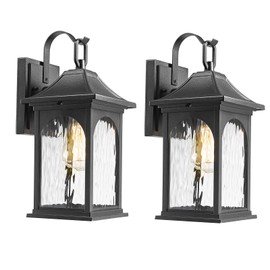 2 Pack Outdoor Light Fixtures Wall Mount, 13.78 Inch Waterproof Exterior Wall Lantern, Black Porch Lights with Water Ripple Glass Shades, Modern Outdoor Lighting Sconce for Patio (Bulbs Not Included)