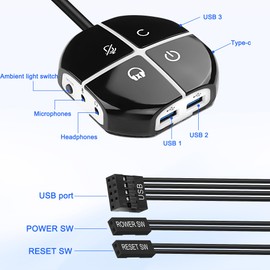 MEIRIYFA External Desktop Computer Power Switch, External PC Computer Case Switch with 3 USB Ports, On/Reset, Audio Microphone Port, Type C Power Supply Port for Home, Office, Internet - 110 cm
