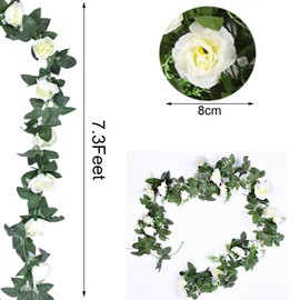 VANTOBEST 2 Pack White Rose Garland Artificial Flower Vines Fake Silk Flower Hanging Rose Garland with Greenery Plants Hanging Floral Garland for Wedding Floral Home Garden Outdoor Wall Decoration