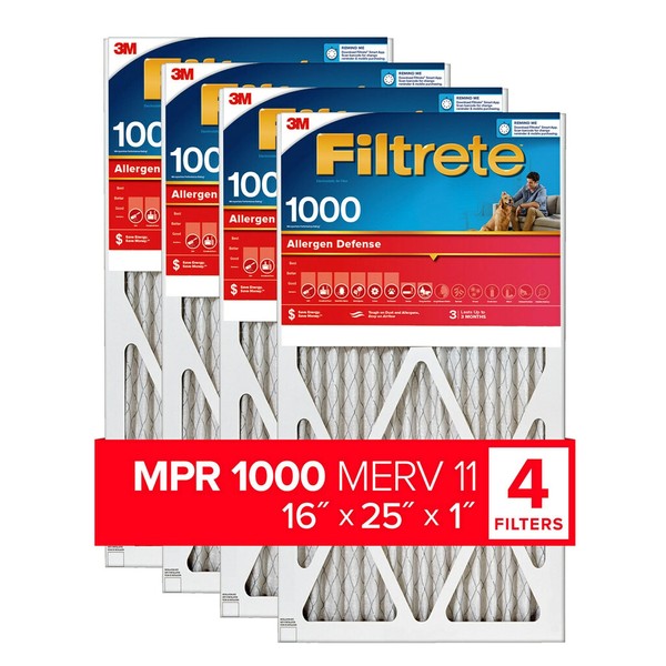 Filtrete 16x25x1 Air Filter, MPR 1000, MERV 11, Micro Allergen Defense 3-Month Pleated 1-Inch Air Filters, 4 Filters