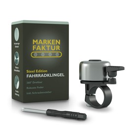 MARKEN FAKTUR® Bicycle Bell Mountain Bike - Includes Screwdriver - Bell Bicycle Made of Robust and Durable Stainless Steel - Bicycle Bell with Improved Fit - Road Bike Bell (Silver)