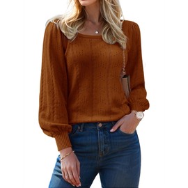 XINWEZZ Womens Sweaters Fall 2024 Casual Puff Long Sleeve Square Neck Cozy Knitted Pullover Sweater Tops Trendy Outfits Brown