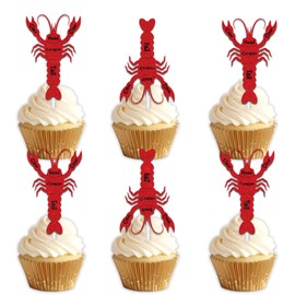 18pcs Red Glitter Lobster Dessert Cupcake Topper Pick for Under The Sea Creature Lobster Theme Decor Supplies Men Women Kids Happy Birthday Wedding Anniversary Party Decorations
