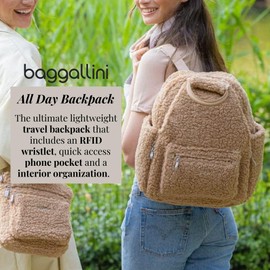 Baggallini Womens All Day Backpack With RFID Phone Wristlet, Black Faux Shearling