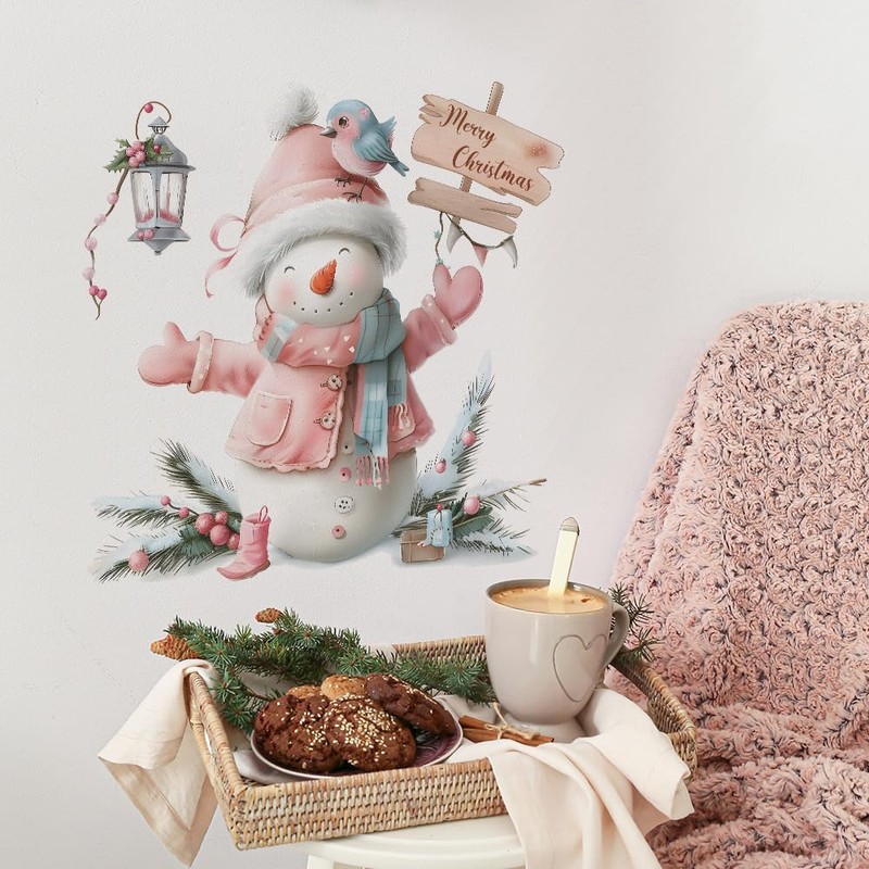 Pink Clothes Snowman Wall Sticker Christmas Glass Windows Decor Mural