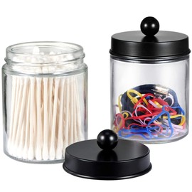 Amolliar Apothecary Jars Bathroom Storage Organizer - Cute Qtip Dispenser Holder Vanity Canister Jar Glass with Lid for Cotton Swabs,Rounds,Bath Salts,Makeup Sponges,Hair Accessories/Black（2 Pack）