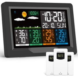 jely Wireless Weather Station with 3 Outdoor Sensors, Colour Display, Wireless Weather Stations, Indoor Thermometer, Hygrometer, Outdoor Thermometer Station, Wireless Weather Station with Weather