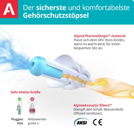 Alpine Alpine Pluggies Kinder Ohrstöpsel - Für Kind und kleine Gehörgänge - Zum Fliegen und Schwimmen - Bequemes hypoallergenes Material - Wiederverwendbare Gehörschutz