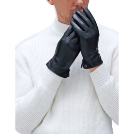 YISEVEN Men's Touchscreen Sheepskin Winter Leather Gloves Flat Design Fleece Fur Lined Luxury Plain Stylish Soft Hand Warm Fur Heated Lining Dress Driving Motorcycle Work Gifts, Black 9.0"/M