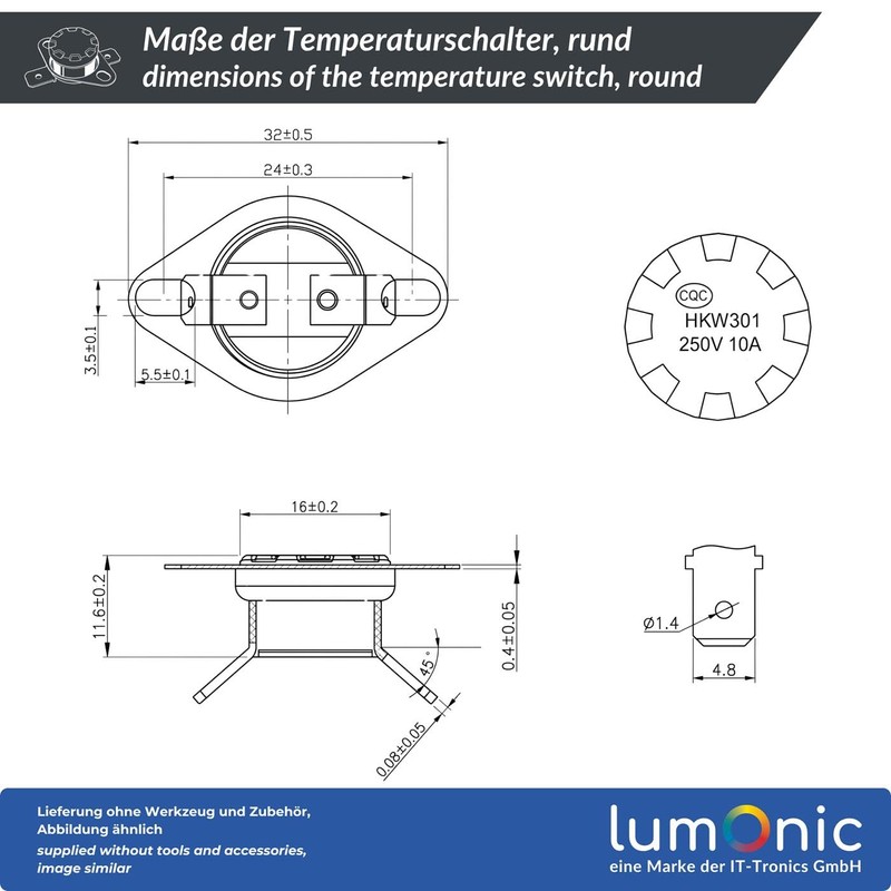 Lumonic KSD301 Round Temperature Switch, 200 °C ± 5 °C,