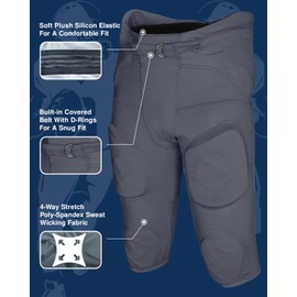 Exxact Sports Gladiator Mens Integrated Football Pants with Built-in Pads, Lightweight Ultra Flex Football Practice Pants (Graphite,A2XL)