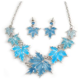 Avalaya Light Blue Enamel Maple Leaf Necklace and Drop Earrings Set in Silver Tone/41cm L/ 7cm Ext