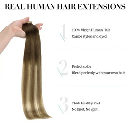 DOORES Tape-In Real Hair Extensions, Ombre Walnut Brown to Ash Brown and Bleach Blonde, 35 cm (14 Inches), 50 g, 20 Pieces, Tape-In Hair Extensions, Remy Tape Extensions Real Hair