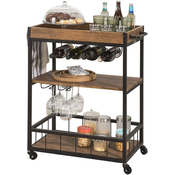 Haotian FKW56-N, Bar Serving Cart, Home Myra Rustic Mobile Kitchen Serving cart with Removable Tray, Industrial Vintage Style Wood Metal Serving Trolley (Brown)