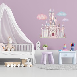 PLIGREAT Princess Castle Wall Decals, Watercolor Cloud Fairy Castle Wall Sticker, Large Vinyl Removable Peel and Stick Wall Decal for Girls Bedroom Nursery Living Room Home Indoor Wall Art Decoration