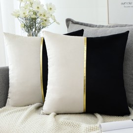 Artscope Black White Velvet Cushion Covers with Gold Leather Patchwork Luxury Modern Minimalist Square Pillowcase Throw Pillow Covers for Living Room Bed Couch Sofa 45x45cm Set of 2
