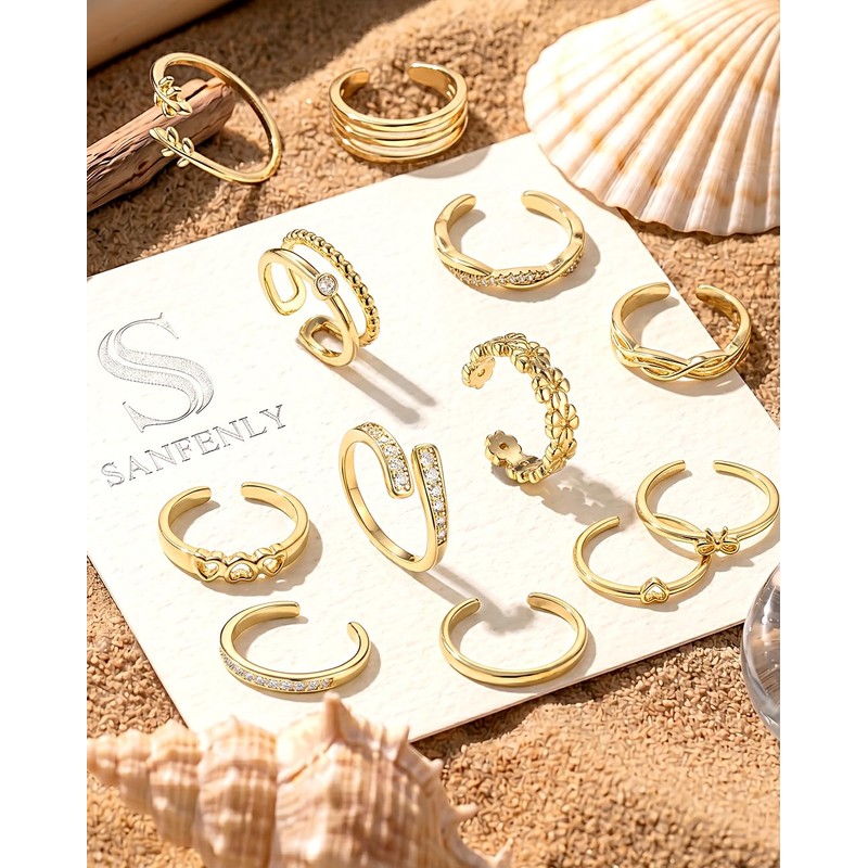 Sanfenly 12Pcs Gold Plated Toe Rings for Women Non Tarnish