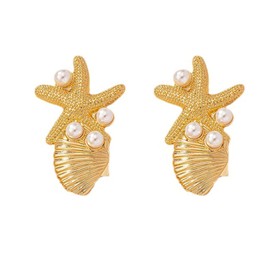 Gold Shell Starfish Earrings for Women 14k Gold Starfish Stud Earrings Seashell Pearl Earrings Summer Beach Party Jewelry Gift for Women (Gold)