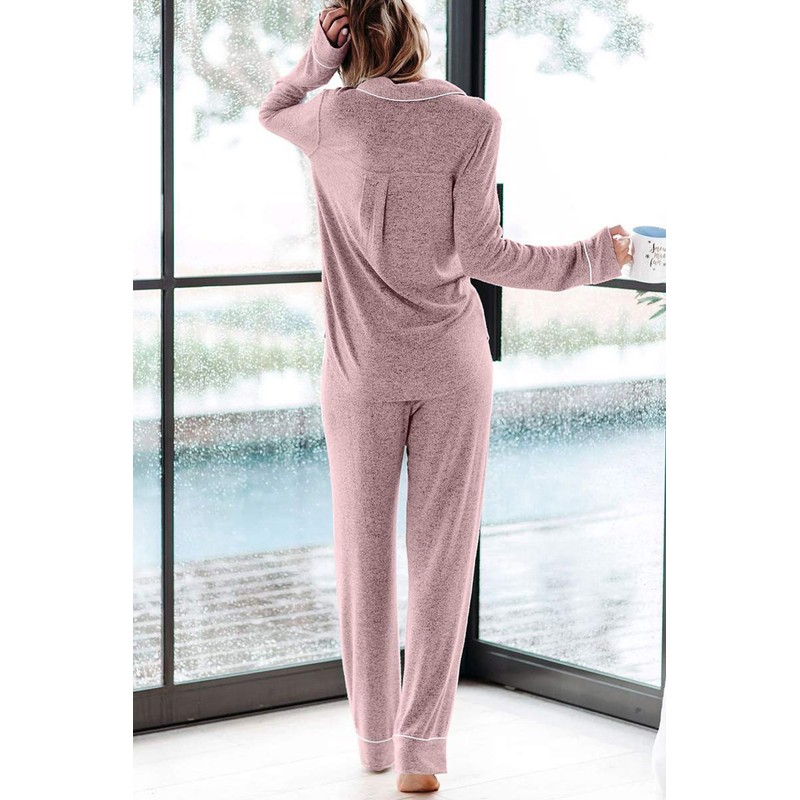 Aamikast Women's Two-piece Classic knit Pajama Sets Long Sleeve Button