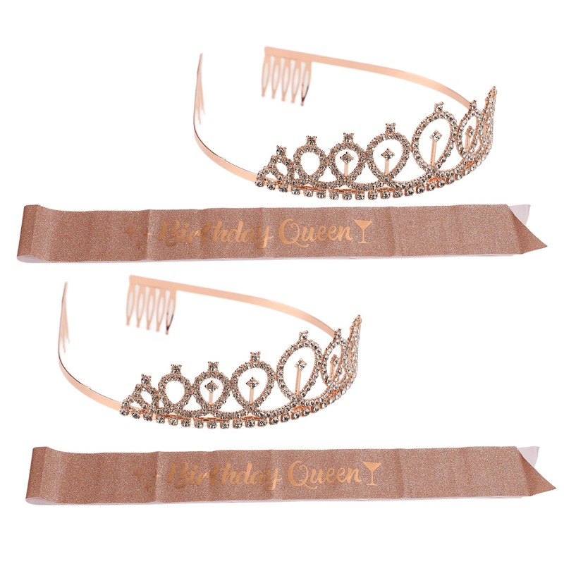 2 Sets Bridal Sash Rhinestone Tiara Kit Shiny Rose Gold