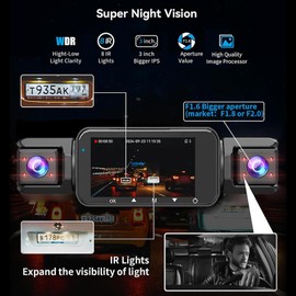 4 Channel Dash Cam Front and Rear Cabin, 360 Dash Camera, Night Vision 8 IR Lamps for Cars, 5G WiFi for Download, G-Sensor, 24H/7 Parking Mode with 64GB Card, Support 256 GB Max