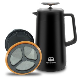 PortableAnd 34oz Double Vacuum Insulation Large Silicone French Press Coffee Maker with Silicone Ring, Stainless Steel, Perfect for Camping, Travel, and At-Home Use (Matte Black)