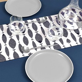 Style Decor W2700500 Laminated Table Runner, Waterproof, Scandinavian Table Center, 39.4 inches (100 cm), Wipable, Marine, Navy, Fish, Style Decor