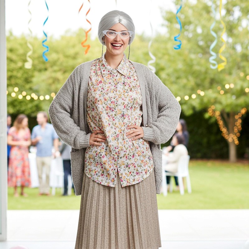 Ishua 7pcs Grandma Wig, Old Lady Wig Costume for Women