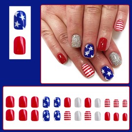 24 Pcs 4th of JulyPress on Nails Square RIICFDD Short Fake Nails Blue Red False Nails Glitter Full Cover Stick on Nails for Women Girls Independence Day Nails