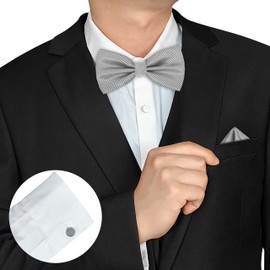 AUSUAYA Men's Bow Tie with Pocket Square and Cufflinks, Adjustable Bow Tie with Pocket Square for Wedding Party M-B-TI9, Silver / grey