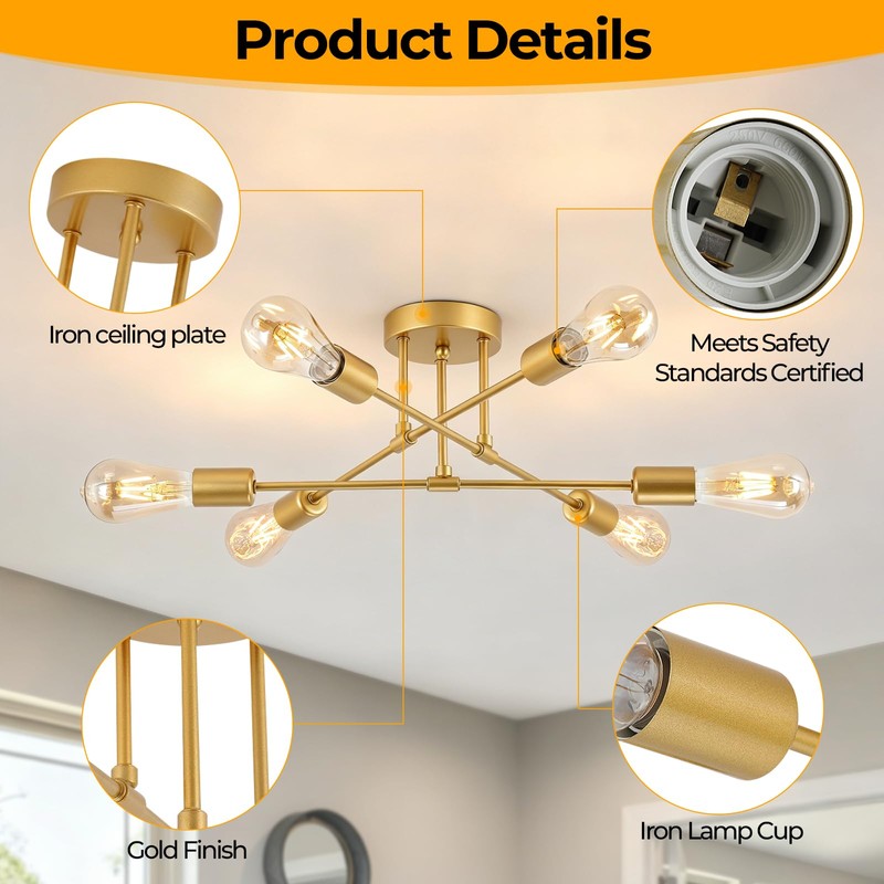 YCZM Modern Sputnik Chandelier, 6-Lights Mid Century Semi Flush Mount
