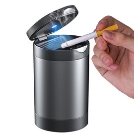 Tmengdao Car Ashtray, Ash Tray with Lid Smell Proof,Detachable Stainless Steel Cup Holder Ashtray with LED Auto Light, for Most Car, Office, Home (Grey)