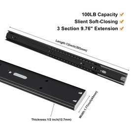 LONTAN 6 Pair Soft Close Drawer Slides 12 Inch 9.76" Extension Metal Drawer Glides Black Heavy Duty Rails for Kitchen Replacement 100 LB Capacity