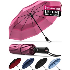 Repel Umbrella Windproof Auto Folding Travel Umbrella - Withstands Winds up to 85MPH, For Rain and Sun – Strong, Compact, Durable, Light & Portable For Women & Men, Fits Backpack & Cars - Pink