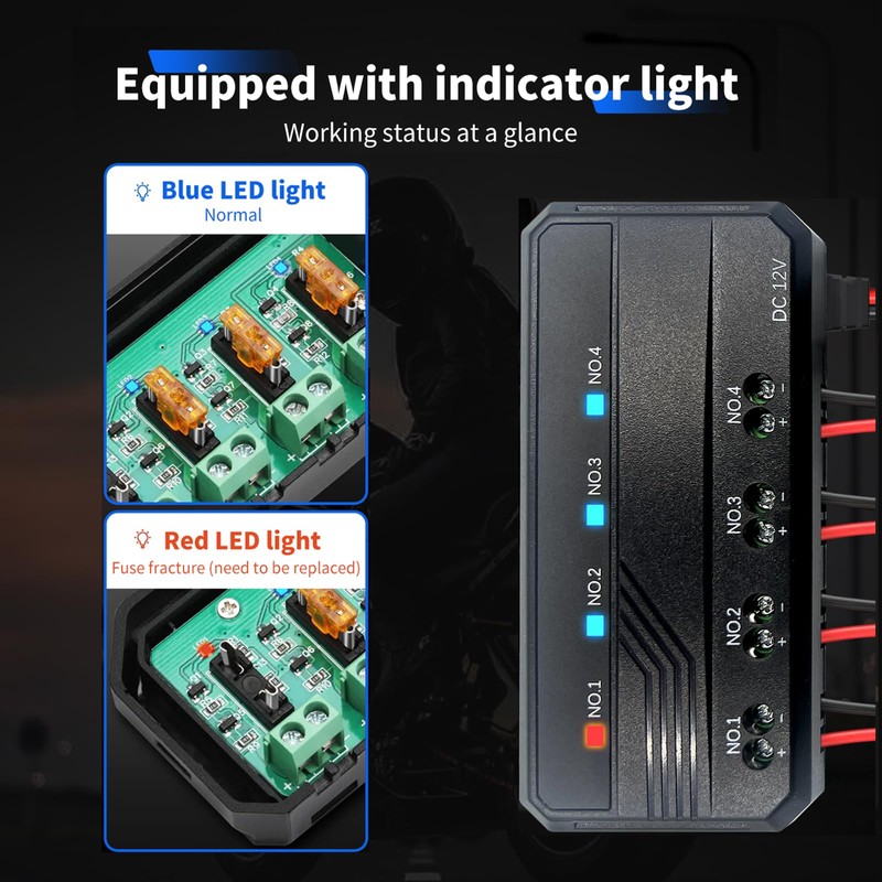 12V Universal Motorcycle Fuse Block with Relay Box Kit, LED