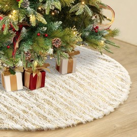 Dremisland Christmas Tree Skirt White&Silver Bronzing Luxury Faux Fur Tree Skirt with Sequin Stripes Soft Plush Xmas Tree Skirt for Winter Party Holiday Xmas Decorations (Gold, 48inch/122cm)