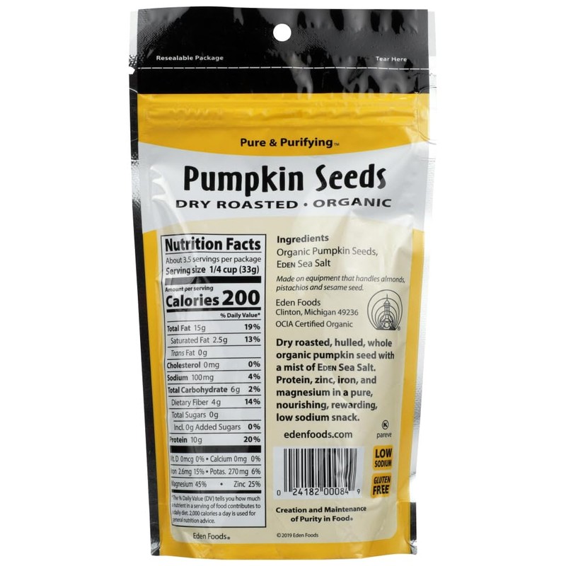 Eden Foods, Organic, Pumpkin Seeds, Dry Roasted, 4 oz pack