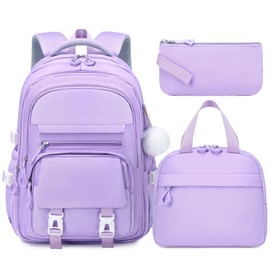 GeeWin Purple Backpack for Girls, School Bags for Girls, Bookbag for Kids Teens Children Elementary Middle School Student, 3PCS Waterproof Kids Backpack Daypack with Insulated Lunch Bag & Pencil Bag