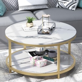 WiberWi Round Coffee Table 33.5" Coffee Tables for Living Room High Glossy Faux White Marble Top Modern Circle Table Sturdy Gold Metal Frame Legs Cocktail Table with Storage Open Shelf