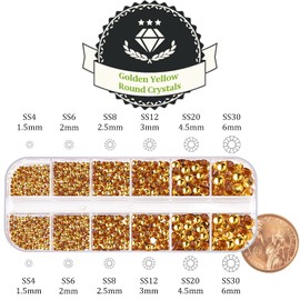 One Pack 2000 Pcs of Flatback Round Golden Yellow Rhinestones 6 Sizes (1.5-6 mm) with Nail Art Rhinestone Picker Pencil And Tweezer For DIY And Salon Use