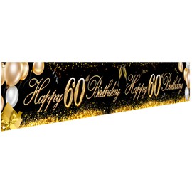 HOWAF Super Large Happy 60th Birthday Banner for 60th Birthday Party Decoration Black and Gold, 60th Birthday Fabric Photo Booth Backdrop Background Banner for Garden Table Wall Decoration, 9*1.2 Feet