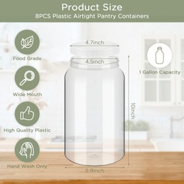 Dandat 8 Pcs 1 Gallon Clear Plastic Jars Airtight Pantry Large Mouth Large Jar 1 Gallon Plastic Jug Cylinder Container with Lid for Candy Butter Honey Sugar Cookies Arts Crafts Bartender Kitchen
