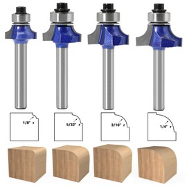 Bestgle 1/4” Shank 4pcs Round Over Router Bit Tungsten Carbide Roundover Edging Router Bit Set Corner Beading Bit 1/8", 5/32", 3/16", 1/4" Radius (1/4", 5/16", 3/8", 1/2" Diameter)