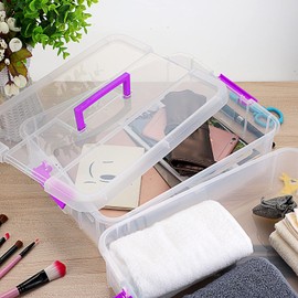 BTSKY 2 Layer Stack & Carry Box, Plastic Multipurpose Portable Storage Container Box Handled Organizer Storage Box for Organizing Stationery, Sewing, Art Craft, Jewelry and Beauty Supplies(Purple)