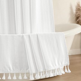 Seasonwood Extra Long Shower Curtains 84 Inches Long White Boho Minimalist Bathroom Shower Curtain Striped Fabric Shower Curtains for Bathroom, Tall Shabby Chic Cloth Shower Curtain, White, 72x84