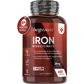 WeightWorld Gentle Iron Tablets High Strength 28mg - 400 Tablets (6+ Months Supply) - Vegan Iron Bisglycinate - Energy Tablets for Tiredness and Fatigue - High Absorption Iron Supplements for Women and Men, Made in UK