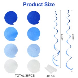 36 Pcs Gradient Blue Hanging Swirl Streamer Royal Blue White Felt Swirl Spiral Ceiling Garland for Under The Sea Nautical Ahoy Achor Birthday Baby Shower Graduation Wedding Party Decorations Supplies