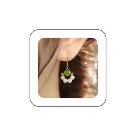 Aneneiceera Vintage Jade Pearl Dangle Earrings Gold Round Jade Earrings Small Pearl Hoop Drop Earrings Tiny Cluster Pearl Earrings Jewellery for Women and Girls, Zinc