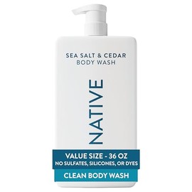 Native Gel de baño para mujeres y hombres, sal marina y cedro, botella con bomba de 36 onzas, sin sulfatos y suave